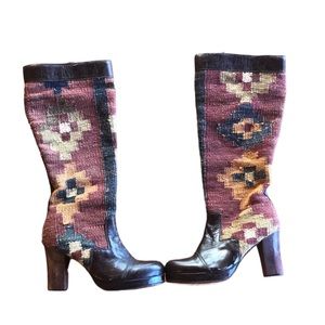 Calleen Cordero Brown Leather & Kilim Textile Boots.Handmade in USA.